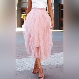 NEW Ballet Pink Layered Mesh Asymmetrical Ethereal Midi Skirt